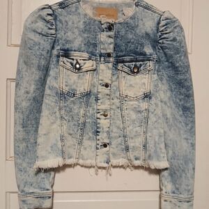 Retrofête Puff Shoulder Frayed Jean Jacket Size L Cropped Acid Wash